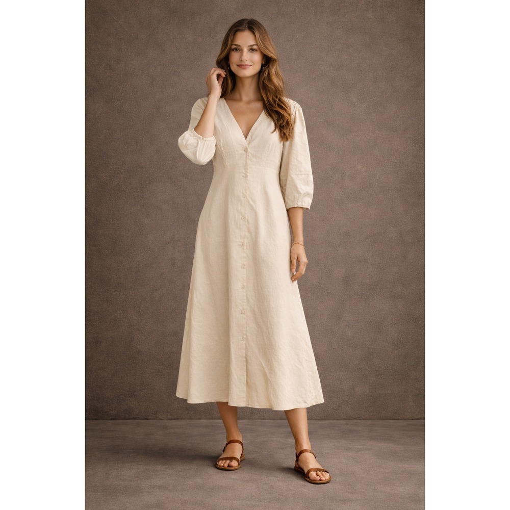 NWT Commense Midi Dress Women Sz XS Beige Linen Blend Button Front Coastal